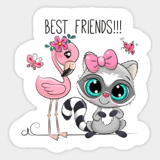 Cute raccoon and pink flamingo. Good friends are animals. Sticker